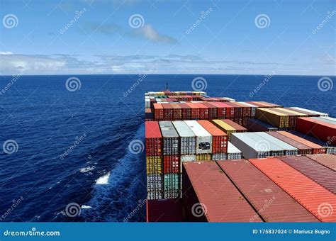View On The Containers Loaded On Deck Of The Large Cargo Ship Stock