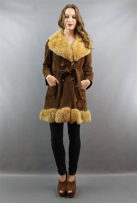 Vintage S Brown Leather Shearling Almost Famous Hippie Boho Coat Fits Size L Shearling Coat