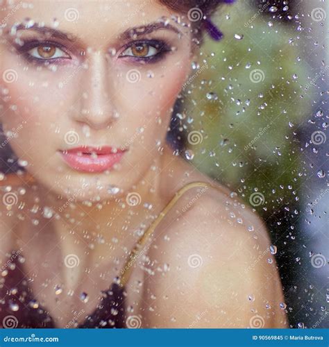 Very Beautiful Brunette With Glass Which Drain Water Drops Close Up Stock Image Image Of