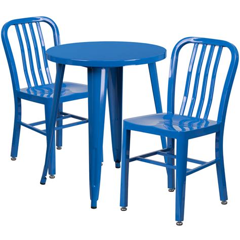 24 Round Blue Metal Indoor Outdoor Table Set With 2 Vertical Slat