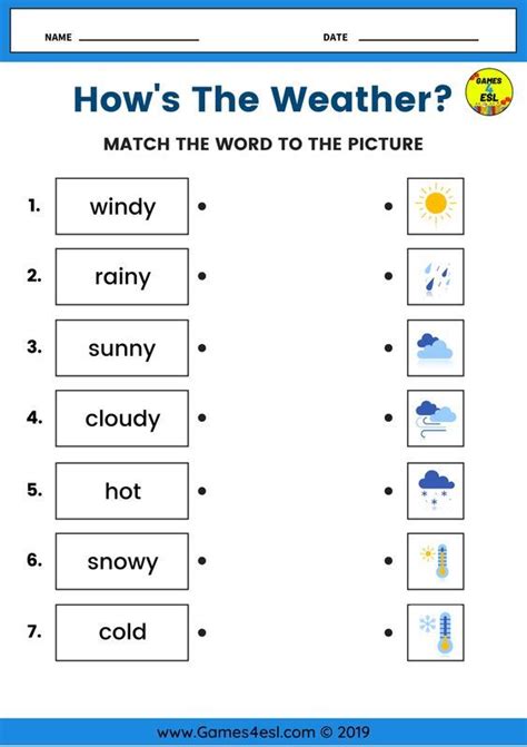 Hows The Weather Matching Worksheet Weather Words English Grammar