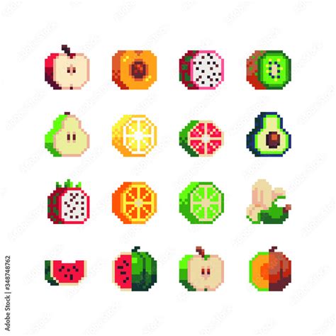 16px Top Down Fruits Icons Set Pixel Art Apple Peach Pitahaya Kiwi