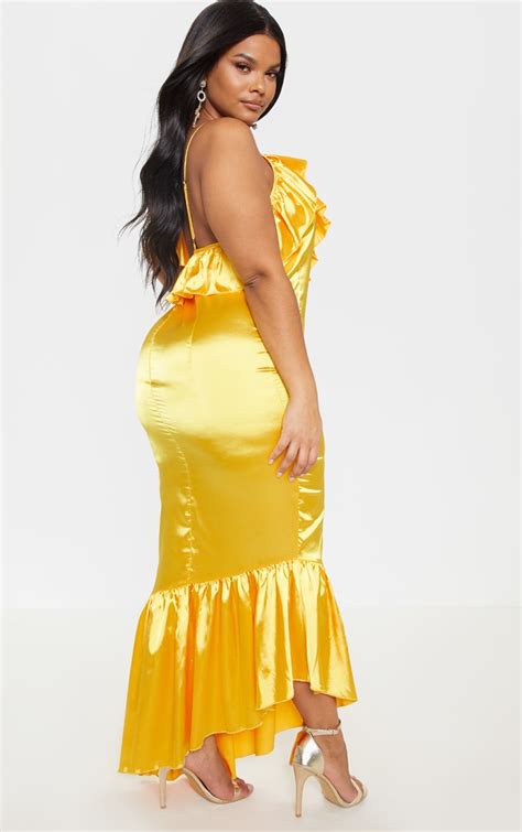 Plus Bright Yellow Satin Frill Strap Maxi Dress Prettylittlething
