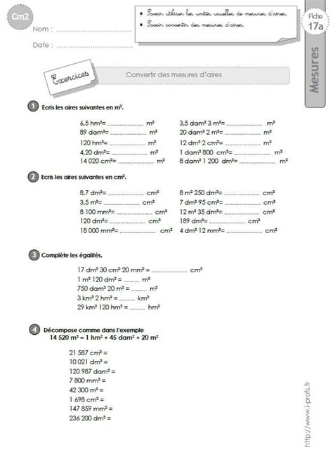 Cm2 Exercices Les Conversions De Mesures D Aire Tableau De