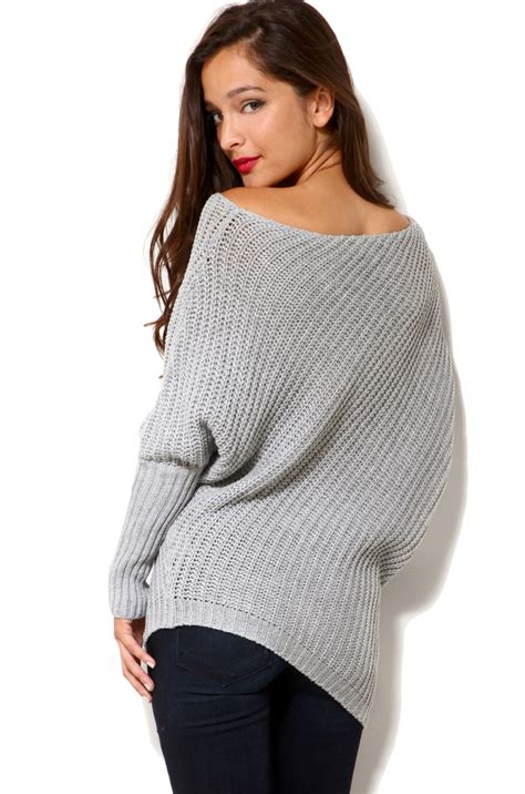 Lyst Akira Off Shoulder Cable Knit Sweater In Grey In Gray