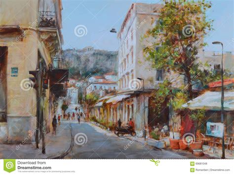 Calles De Atenas Grecia Pinturas Hechas A Mano Foto De Archivo