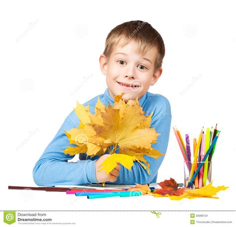 Funny Schoolboy Is Drawing With Pencils Stock Photo Image Of Markers