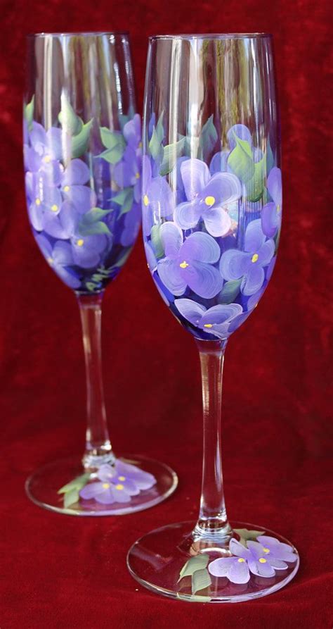 Hand Painted Champagne Glasses Lavender Violets On Cobalt Etsy In 2023 Hand Painted Wine