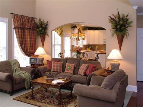 Traditional Living Area With Brown Sofas And View Of Kitchen Classic