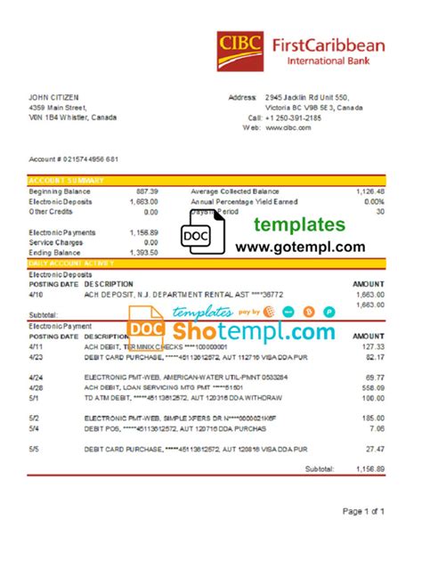 Canada Cibc Bank Statement Template In Word And Pdf Format Doc And Pdf