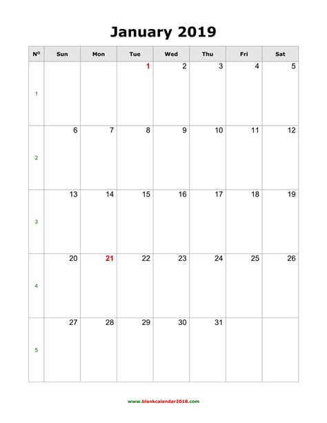 Blank Calendar January 2019 Portrait