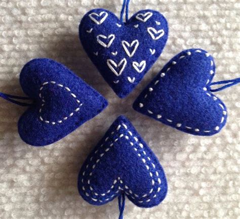 Christmas Heart Ornaments Blue And White Felt Hearts Set Of Four Felt
