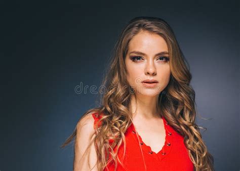 Woman In Red Dress With Long Blonde Hair Stock Image Image Of Love