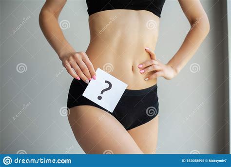 Health Woman Body In Underwear With Question Card Near Belly Stock Image Image Of Hygiene