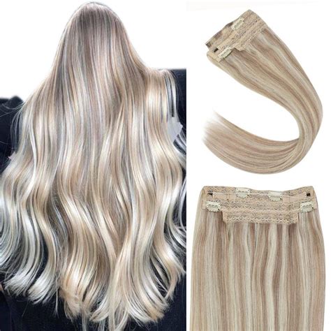 Invisible Wire Halo Hair Human Extensions Ash Blonde Highlight Blonde Hetto Human Hair