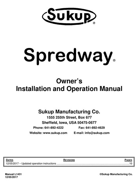 Sukup Spredway Owners Installation And Operation Manual Pdf Download