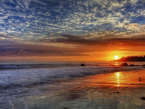 Sunset Red Sky Clouds Sea Waves Sandy Beach In Malibu California United States Hd Desktop ...