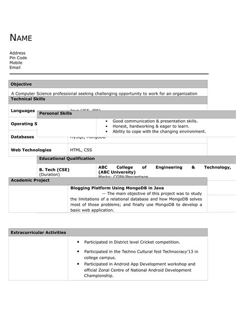 Bachelor of engineering in mechanical . Resume For Mechanical Engineer Fresher In Word Format ...
