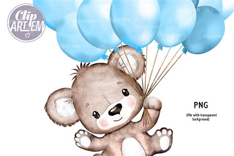 Cute Blue Boy Bear With Bundle Of Balloons Watercolor Png Clip Art By