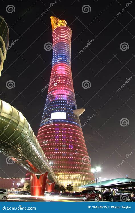Aspire Tower Aka Torch Hotel In Doha Qatar At Night Editorial Image