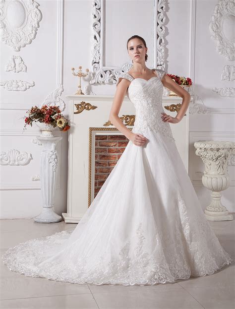 White A Line Sweetheart Cap Sleeves Lace Satin Wedding Dress