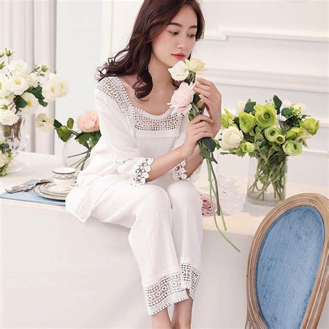 White Cotton Pajamas For Women Hallow Out Lace Square Collar Crepe