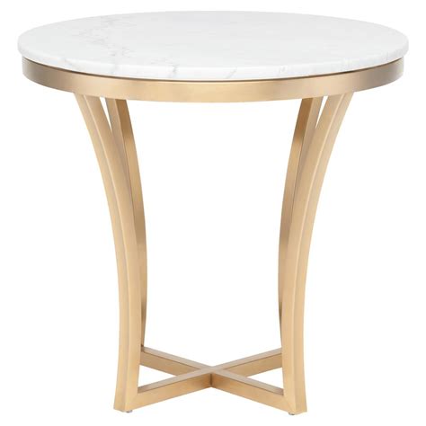 Amelia Hollywood Regency Round White Marble Top Gold Base Side End Table