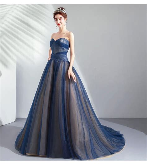 Dark Blue Prom Dresses 2019 Strapless Ball Gown With Train
