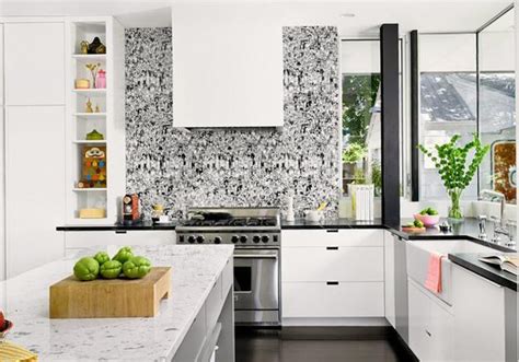 White Kitchen Cabinets And Modern Wallpaper Ideas For Decorating With