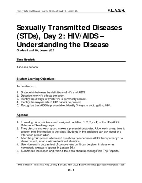 Sexually Transmitted Diseases Day 2 Hivaids Understanding The Disease Lesson Plan For 7th