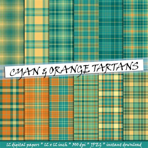 Cyan Green And Orange Tartan Pattern Digital Paper Seamless Etsy