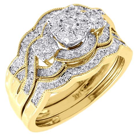 Diamond Wedding 3 Piece Bridal Set 14k Yellow Gold Round Engagement