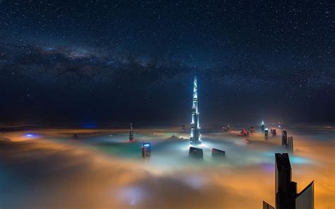 Cityscape Milky Way Mist Skyscraper Dubai Starry Night Sky Night