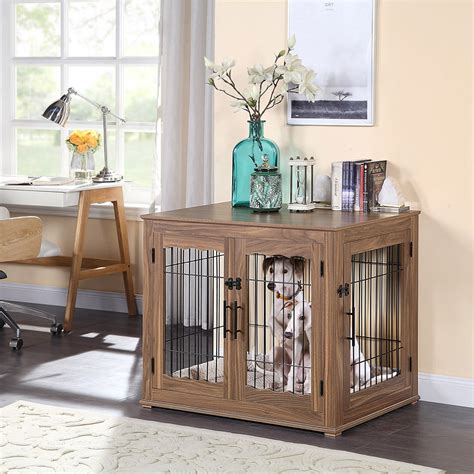 Unipaws Pet Crate End Table Double Doors Wooden Wire Dog Kennel With