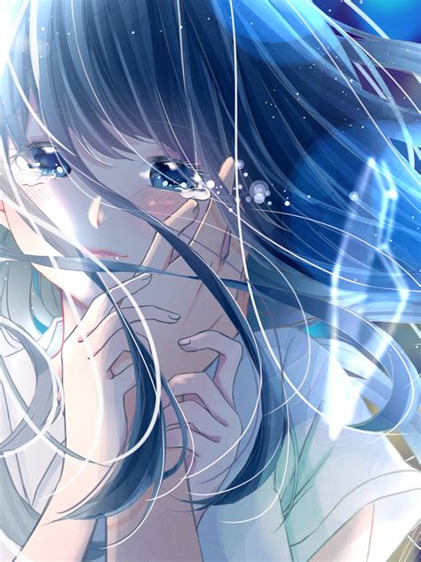 Download 1536x2048 Anime Girl Crying Romance Long Hair Tears Hands