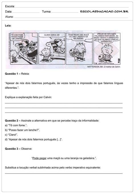 Atividades De Interpretação De Texto 8 Ano Com Tirinhas