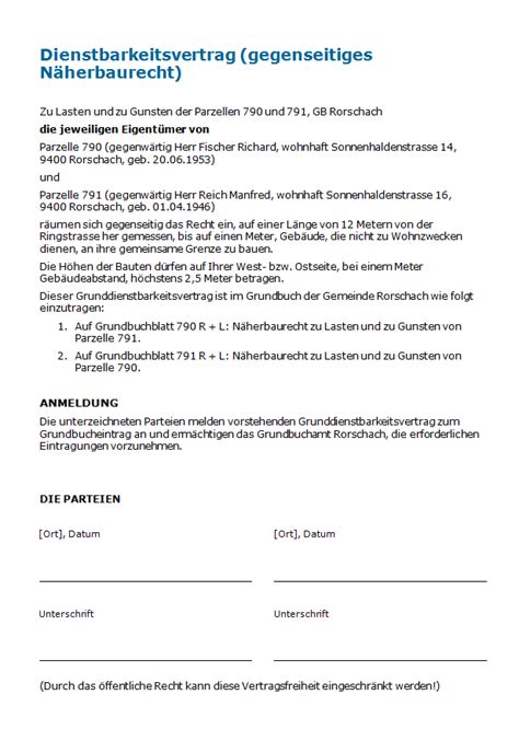 Bei einem lebenslangen wohnrecht im sinne von § 1093 bgb. Dienstbarkeitsvertrag gegenseitiges Näherbaurecht: Muster ...