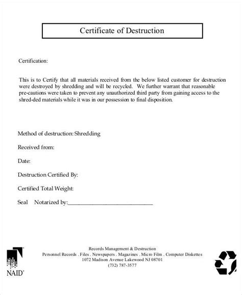 Free Certificate Of Destruction Template Certificate Templates Free