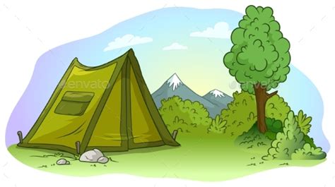 cartoon green camping tent  grass lawn  gbart graphicriver