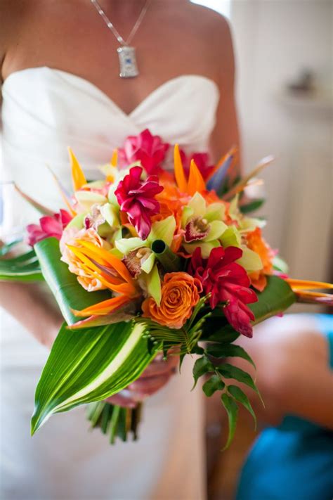 Brides Bouquet Cymbidium Orchids Orange Roses Birds Of Paradise Red Ginger Bouquet Wedding