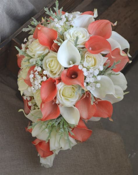Cascade Bridal Bouquet Coral Ivory Real Touch Flowers Calla Etsy