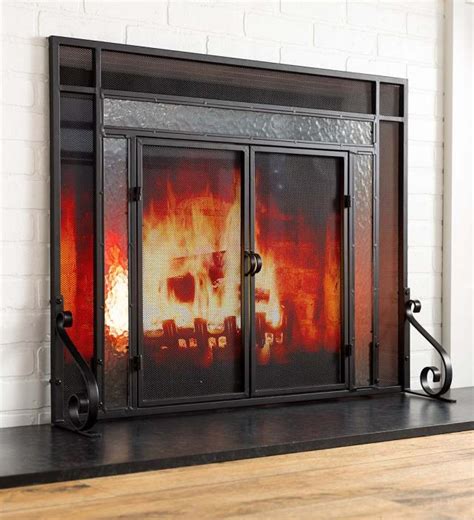 Fireplace And Hearth Steel Fire Screen With Two Doors And Tempered Glass