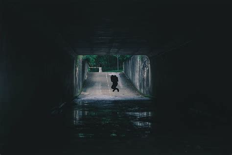Person Jumping Tunnel Road Dark Path People Jump Water