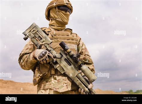 Equipped And Armed Special Forces Soldier With Sniper Rifle Room For
