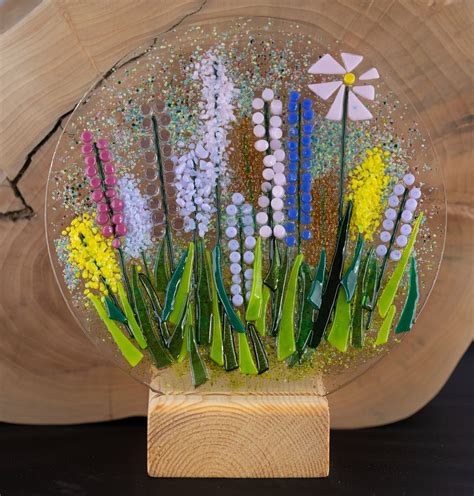 Fused Glass Wild Flower Plate Sun Catcher Spring Summer Flowers Floral Art With Wood Tealight