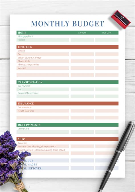 Free Printable Monthly Household Budget Sheet