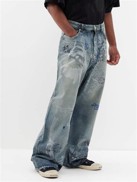 Balenciaga Graffiti-print Wide-leg Jeans in Blue for Men | Lyst