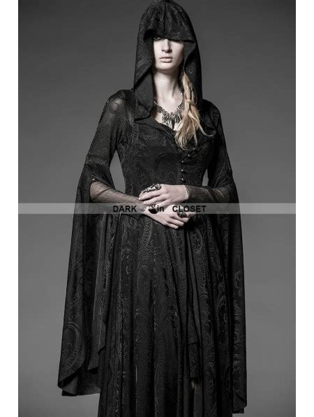 Punk Rave Black Pattern Hooded Gothic Vampire Medieval Dress