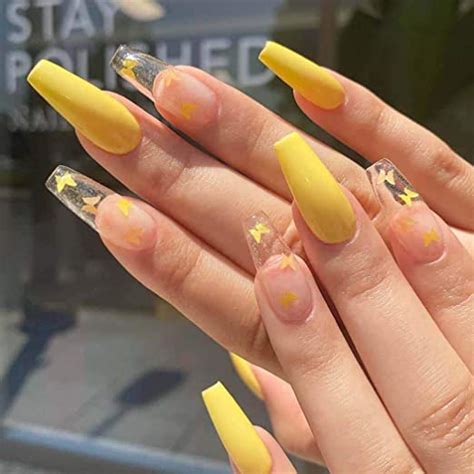 Harosy Coffin Fake Nails Yellow Butterfly Extra Long Press On Nails