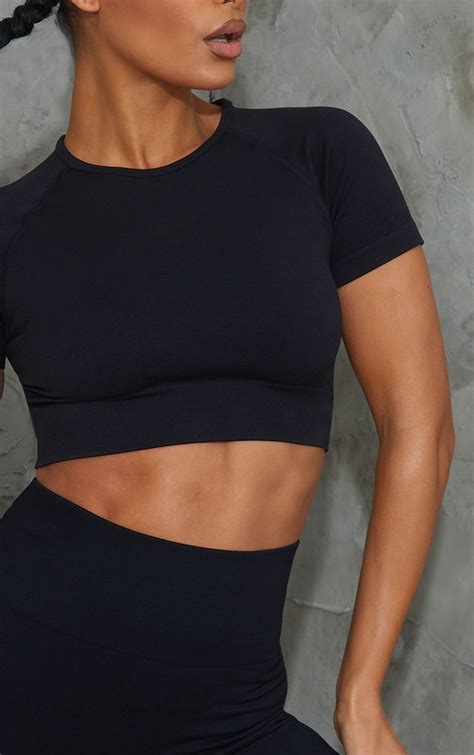 Black Basic Seamless Cropped Tshirt Active Prettylittlething Il